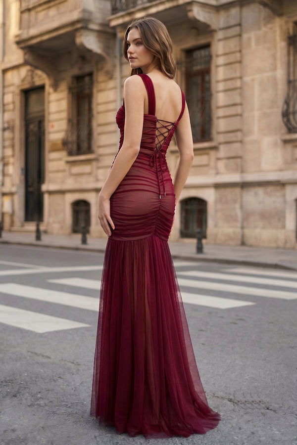 Black Sweetheart Mermaid Tulle Pleated Long Formal Prom Dresses - KissProm