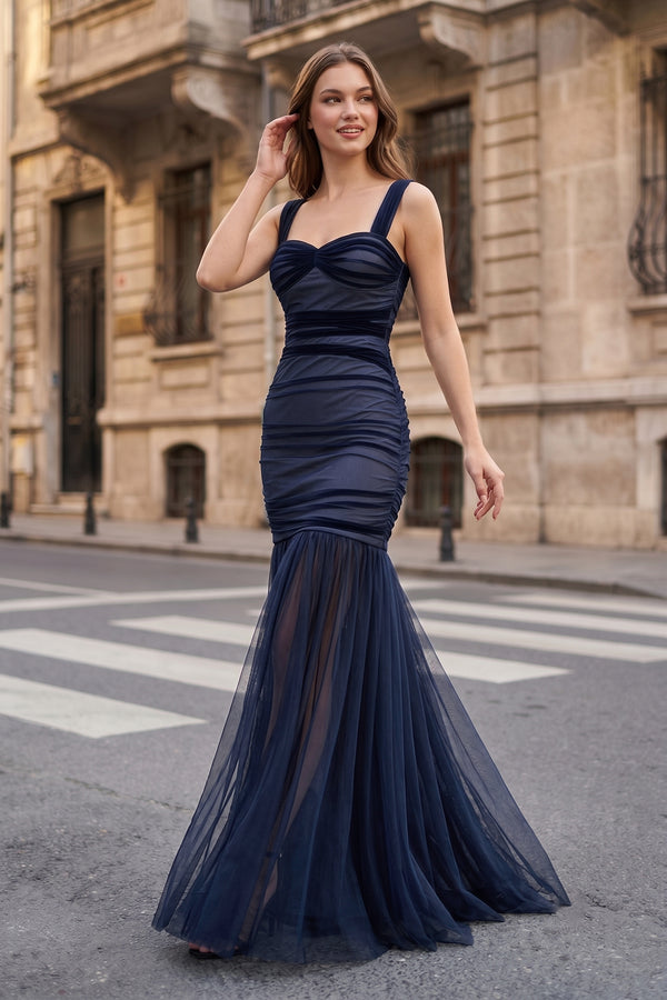 KissProm Black Sweetheart Mermaid Tulle Pleated Long Formal Prom Dresses, Black / 8