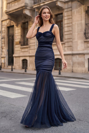 Black Sweetheart Mermaid Tulle Pleated Long Formal Prom Dresses - KissProm