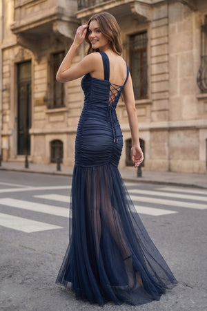 Black Sweetheart Mermaid Tulle Pleated Long Formal Prom Dresses - KissProm