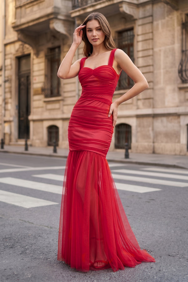Black Sweetheart Mermaid Tulle Pleated Long Formal Prom Dresses - KissProm