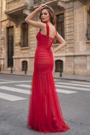 Black Sweetheart Mermaid Tulle Pleated Long Formal Prom Dresses - KissProm