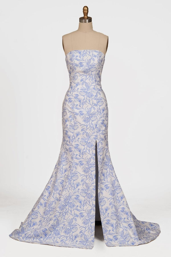 Caelith | Blue - Strapless Mermaid Floral Jacquard Long Formal Prom Dresses With Slit - KissProm
