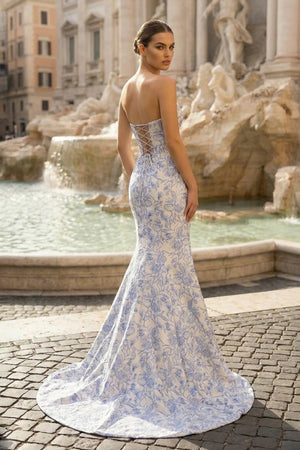 KissProm- Blue Strapless Mermaid Floral Jacquard Long Formal Prom Dresses With Slit
