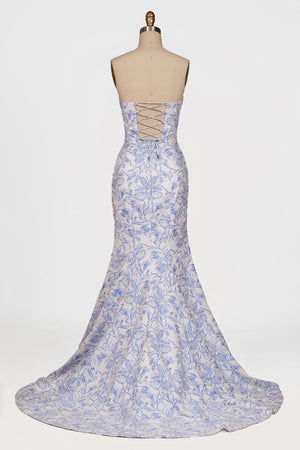 Caelith | Blue - Strapless Mermaid Floral Jacquard Long Formal Prom Dresses With Slit - KissProm