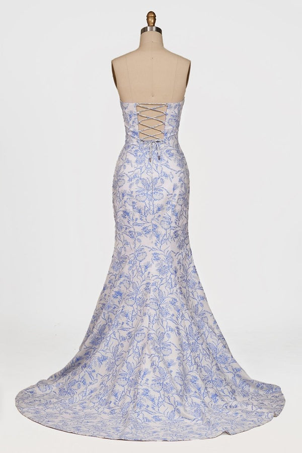 Caelith | Blue - Strapless Mermaid Floral Jacquard Long Formal Prom Dresses With Slit - KissProm