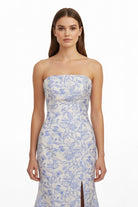 Caelith | Blue - Strapless Mermaid Floral Jacquard Long Formal Prom Dresses With Slit - KissProm