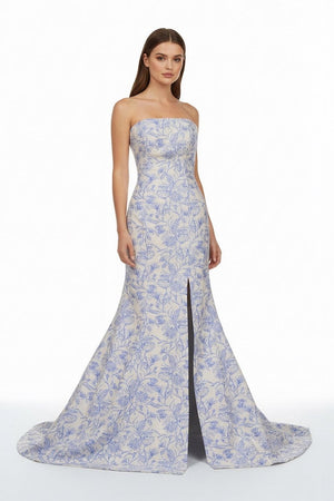 Caelith | Blue - Strapless Mermaid Floral Jacquard Long Formal Prom Dresses With Slit - KissProm