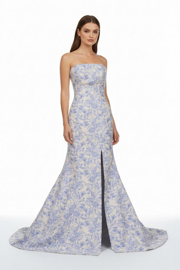 Caelith | Blue - Strapless Mermaid Floral Jacquard Long Formal Prom Dresses With Slit - KissProm