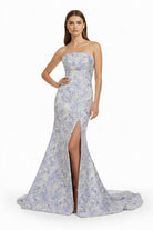 Caelith | Blue - Strapless Mermaid Floral Jacquard Long Formal Prom Dresses With Slit - KissProm