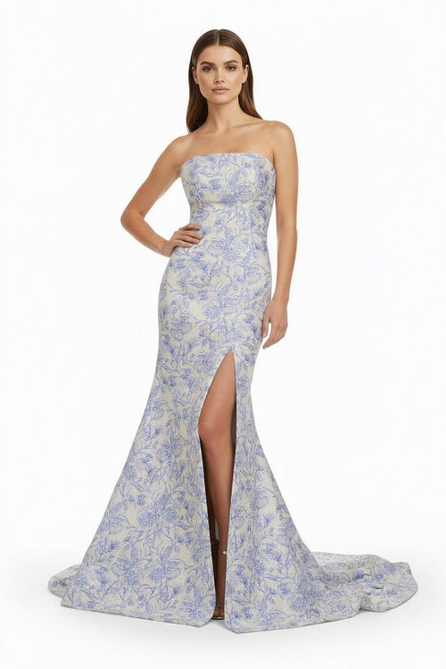 Caelith | Blue - Strapless Mermaid Floral Jacquard Long Formal Prom Dresses With Slit - KissProm