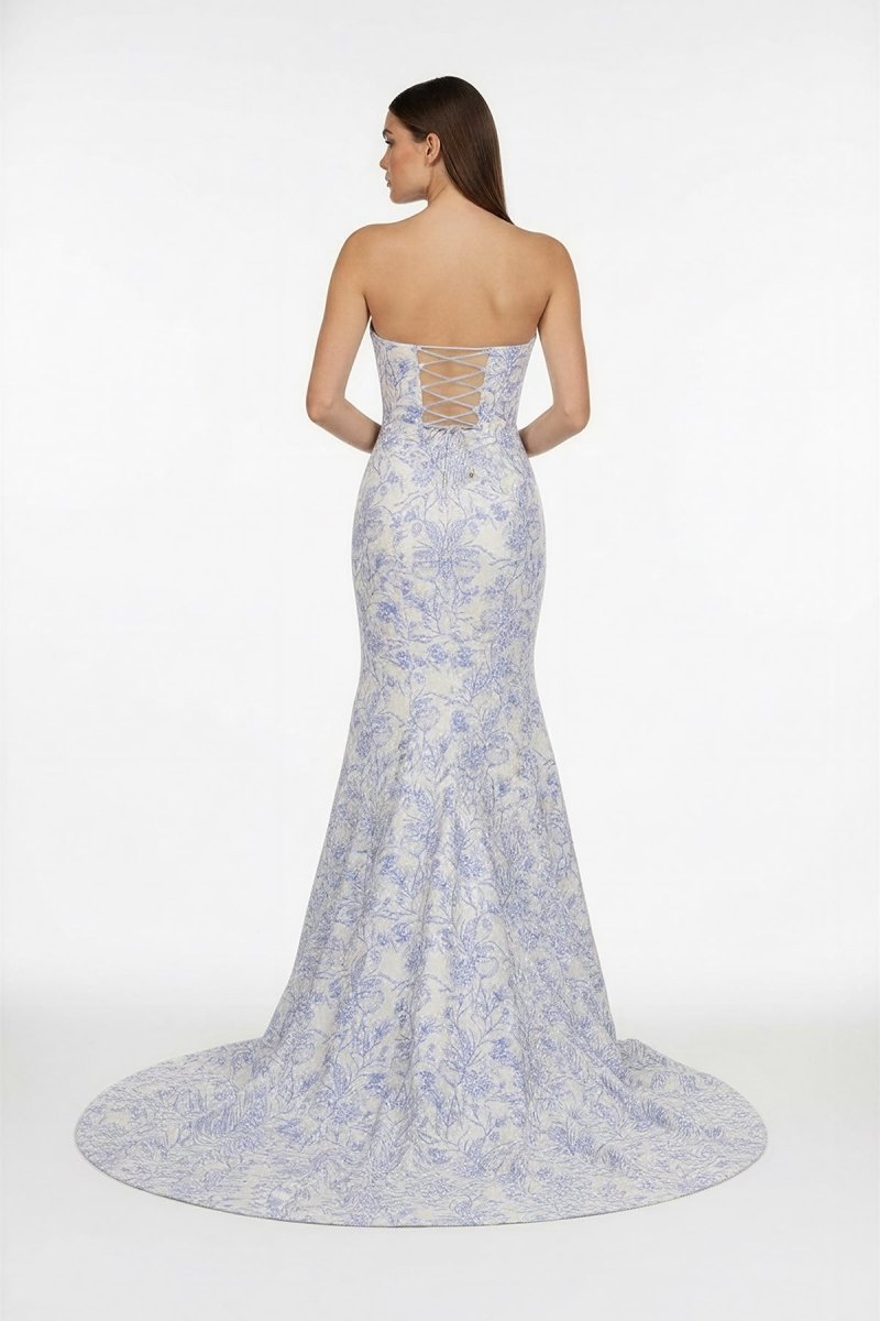 Caelith | Blue - Strapless Mermaid Floral Jacquard Long Formal Prom Dresses With Slit - KissProm