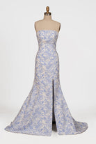 Caelith | Blue - Strapless Mermaid Floral Jacquard Long Formal Prom Dresses With Slit - KissProm