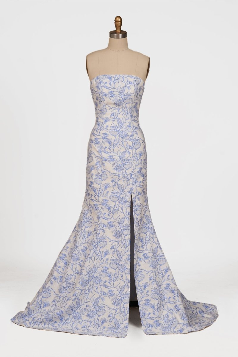 Caelith | Blue - Strapless Mermaid Floral Jacquard Long Formal Prom Dresses With Slit - KissProm