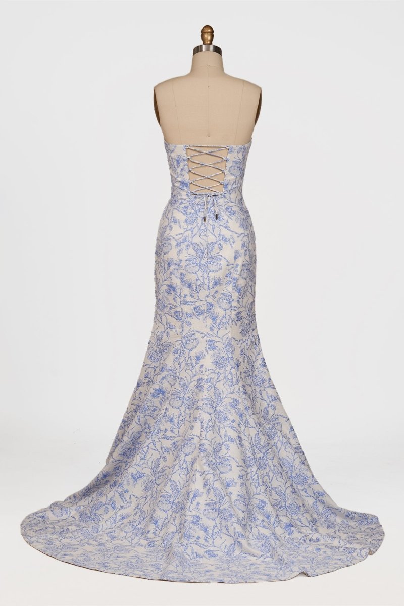 Caelith | Blue - Strapless Mermaid Floral Jacquard Long Formal Prom Dresses With Slit - KissProm