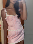 Caelithia | Pink - Sheath Satin Spaghetti Straps Homecoming Dress with Flowers