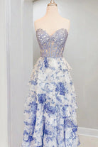 Caesia | Blue - Sweetheart A Line Floral Chiffon Ruffled Formal Prom Dresses With Appliques - KissProm