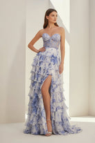 Caesia | Blue - Sweetheart A Line Floral Chiffon Ruffled Formal Prom Dresses With Appliques - KissProm