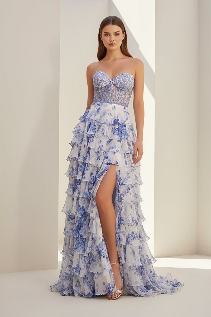 Caesia | Blue - Sweetheart A Line Floral Chiffon Ruffled Formal Prom Dresses With Appliques - KissProm