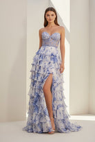 Caesia | Blue - Sweetheart A Line Floral Chiffon Ruffled Formal Prom Dresses With Appliques - KissProm
