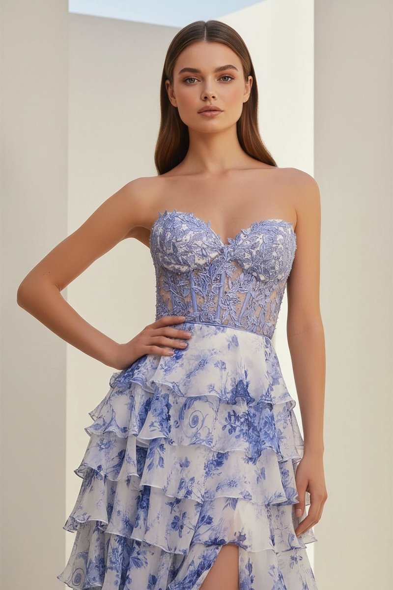 Caesia | Blue - Sweetheart A Line Floral Chiffon Ruffled Formal Prom Dresses With Appliques - KissProm