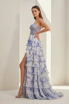 Caesia | Blue - Sweetheart A Line Floral Chiffon Ruffled Formal Prom Dresses With Appliques - KissProm