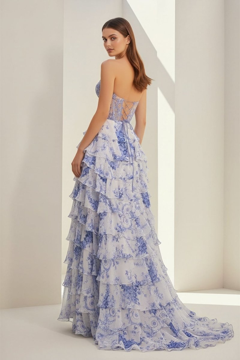 Caesia | Blue - Sweetheart A Line Floral Chiffon Ruffled Formal Prom Dresses With Appliques - KissProm