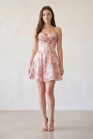 Calanthy | Pink - A Line Short Floral Cowl Neckline Corset Homecoming Dresses