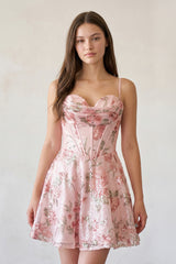 Calanthy | Pink - A Line Short Floral Cowl Neckline Corset Homecoming Dresses