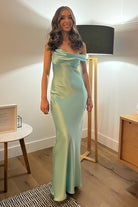 Calira | Aqua - One Shoulder Sheath Satin Long Prom Dresses - KissProm