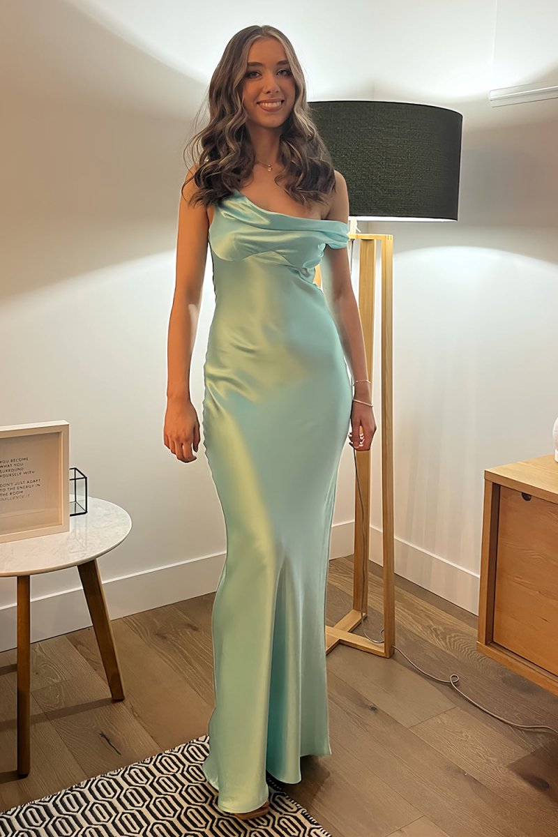 Calira | Aqua - One Shoulder Sheath Satin Long Prom Dresses - KissProm