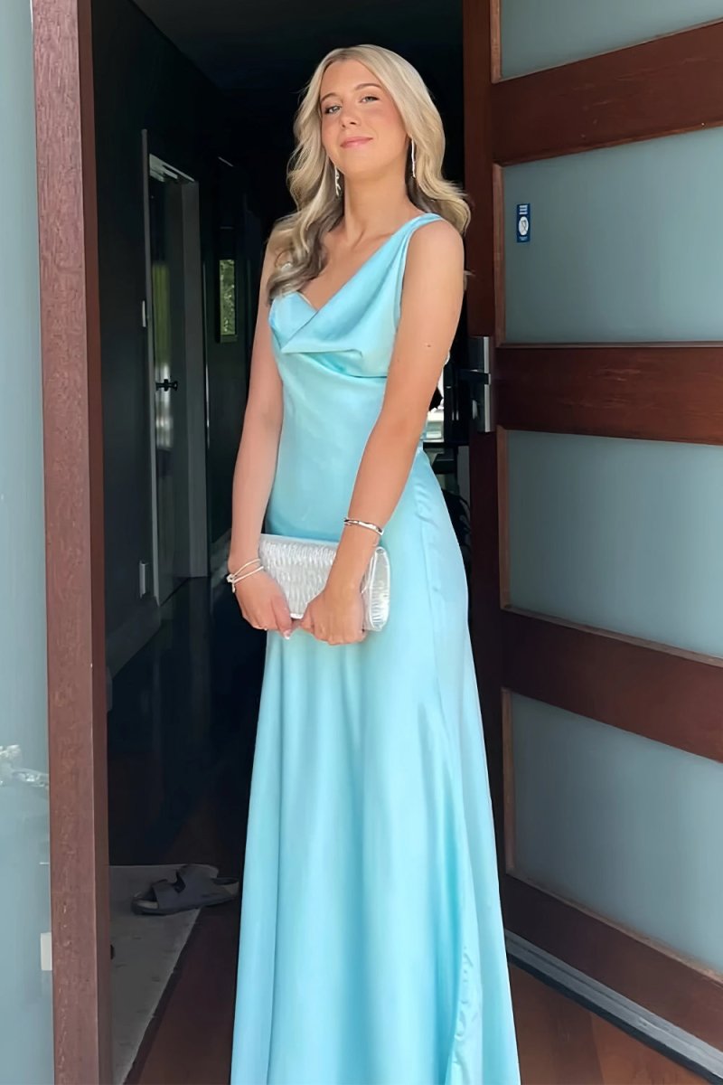 Calira | Aqua - One Shoulder Sheath Satin Long Prom Dresses - KissProm
