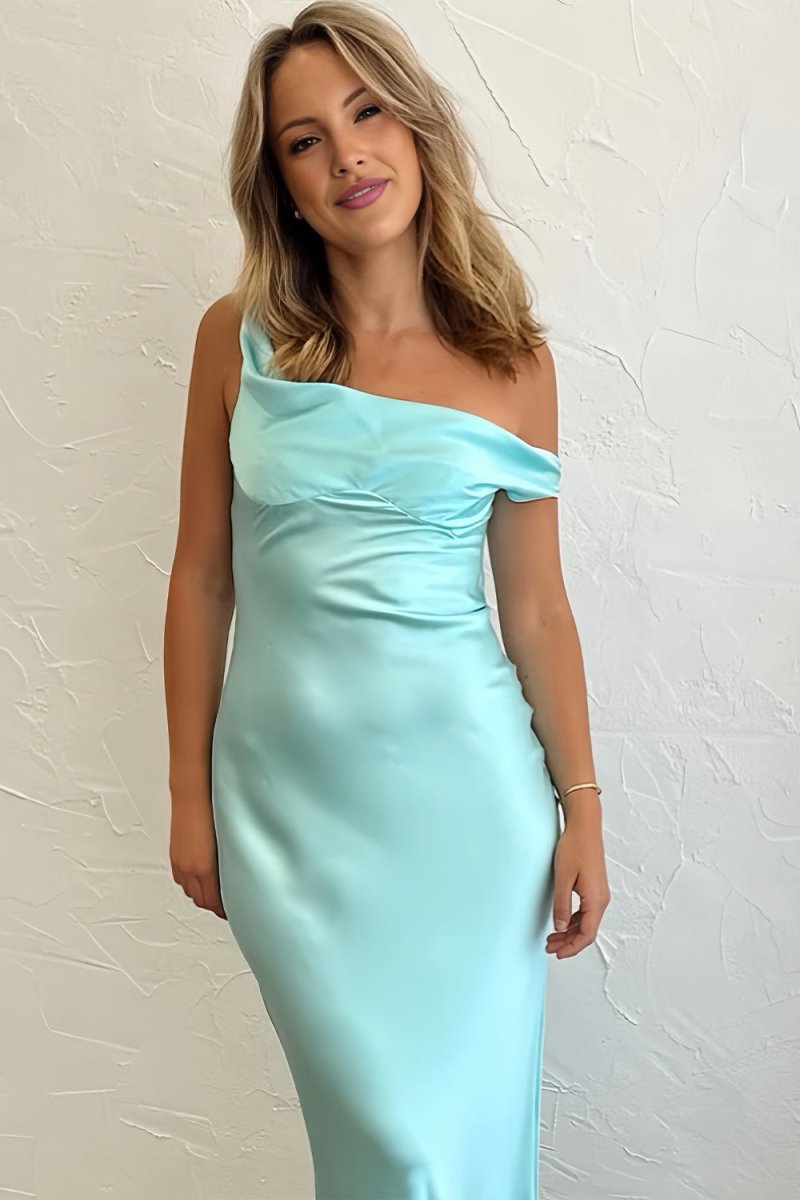 Calira | Aqua - One Shoulder Sheath Satin Long Prom Dresses - KissProm