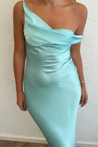 Calira | Aqua - One Shoulder Sheath Satin Long Prom Dresses - KissProm