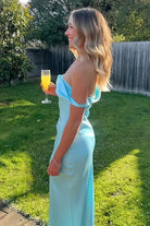 Calira | Aqua - One Shoulder Sheath Satin Long Prom Dresses - KissProm