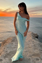 Calira | Aqua - One Shoulder Sheath Satin Long Prom Dresses - KissProm