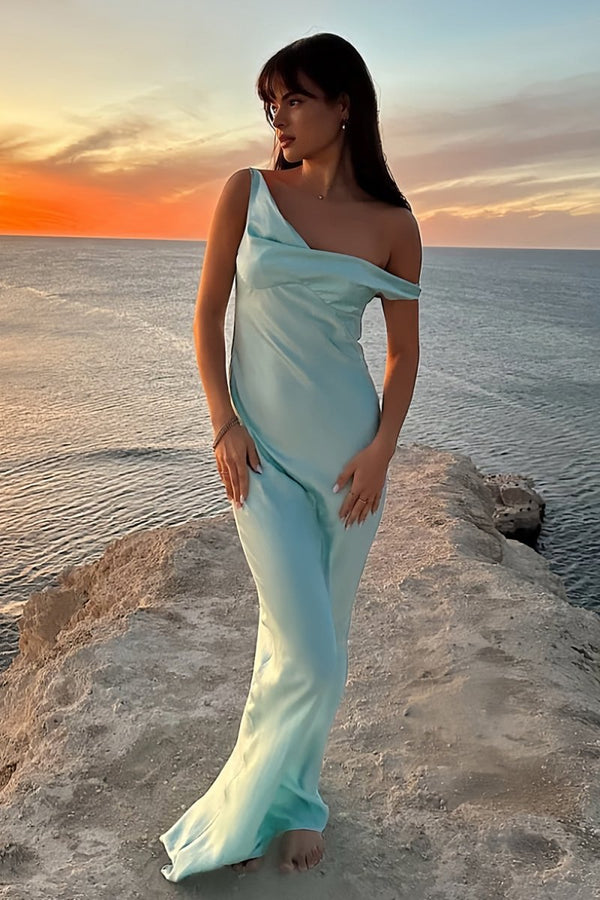 Calira | Aqua - One Shoulder Sheath Satin Long Prom Dresses - KissProm