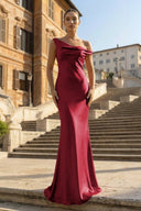 Fuchsia - One Shoulder Sheath Satin Long Prom Dresses - KissProm