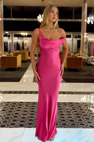 Calira | Fuchsia - One Shoulder Sheath Satin Long Prom Dresses - KissProm