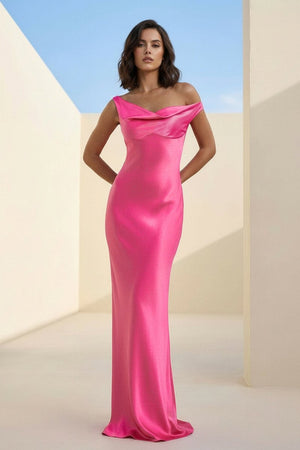 Calira | Fuchsia - One Shoulder Sheath Satin Long Prom Dresses - KissProm