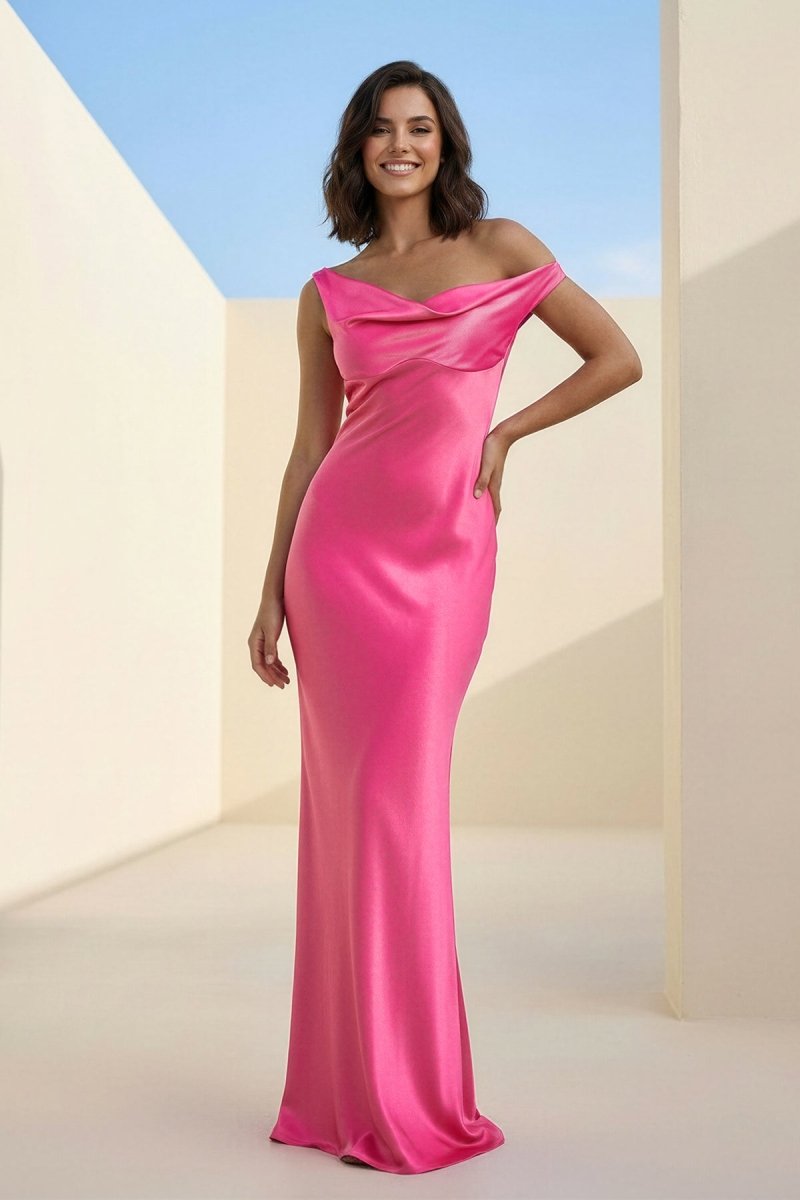 Calira | Fuchsia - One Shoulder Sheath Satin Long Prom Dresses - KissProm