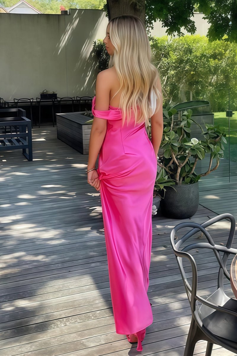 Calira | Fuchsia - One Shoulder Sheath Satin Long Prom Dresses - KissProm