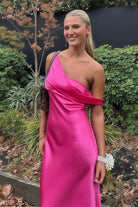 Calira | Fuchsia - One Shoulder Sheath Satin Long Prom Dresses - KissProm