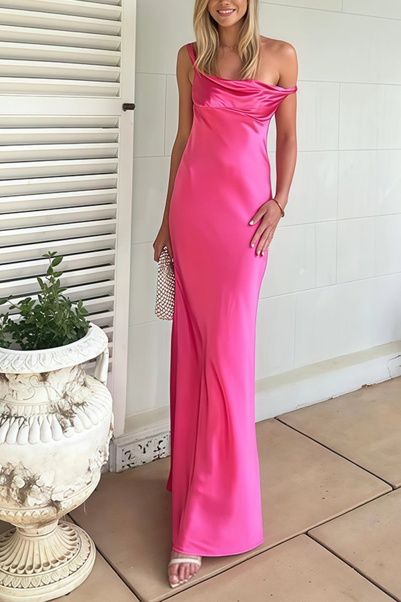 Calira | Fuchsia - One Shoulder Sheath Satin Long Prom Dresses - KissProm