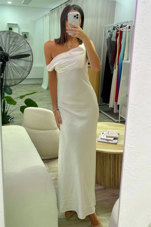 Calira | White - One Shoulder Sheath Satin Long Prom Dresses - KissProm