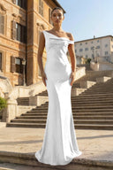 Fuchsia - One Shoulder Sheath Satin Long Prom Dresses - KissProm