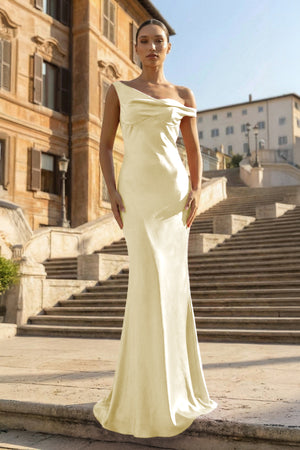 KissProm- Yellow One Shoulder Sheath Satin Long Prom Dresses