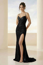 Calisyn | Black - Spaghetti Straps Sequins Mermaid Long Formal Prom Dresses With Slit-KissProm