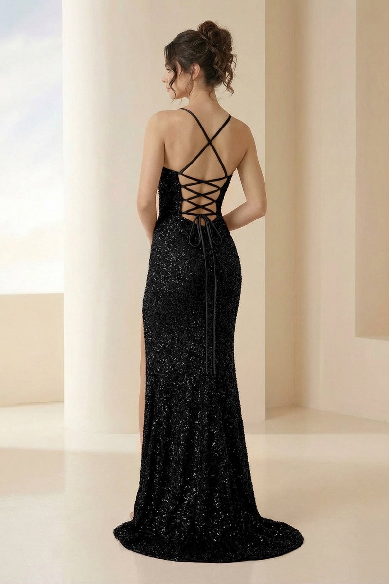 Calisyn | Black - Spaghetti Straps Sequins Mermaid Long Formal Prom Dresses With Slit-KissProm