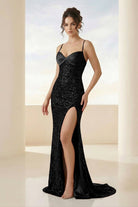 Calisyn | Black - Spaghetti Straps Sequins Mermaid Long Formal Prom Dresses With Slit-KissProm